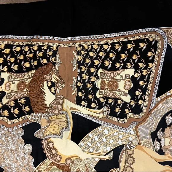 Hermes Silk Scarf in Black, Tan, Gold and White - Picture 4 of 6